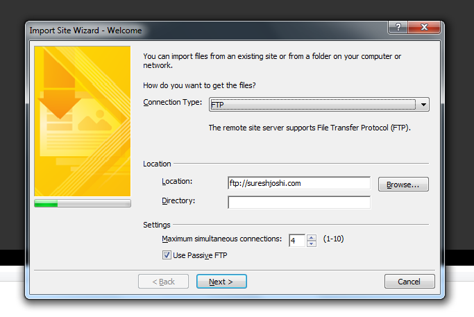 Expression web's import site wizard first
page