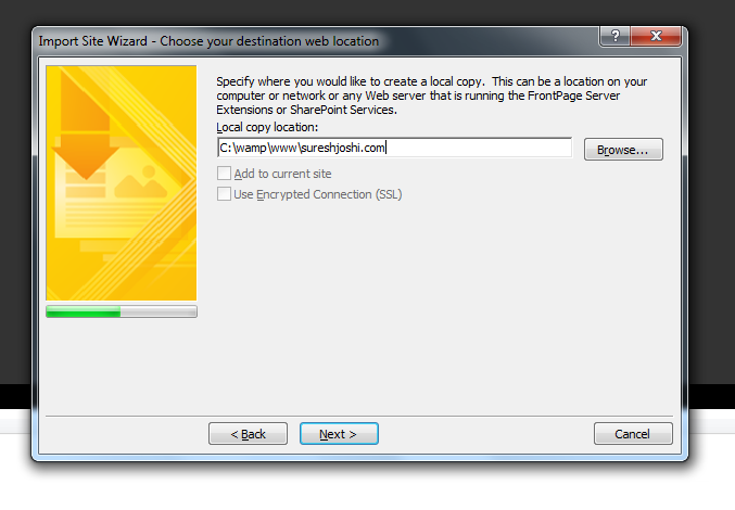 Expression Web's Import Site Wizard second
page