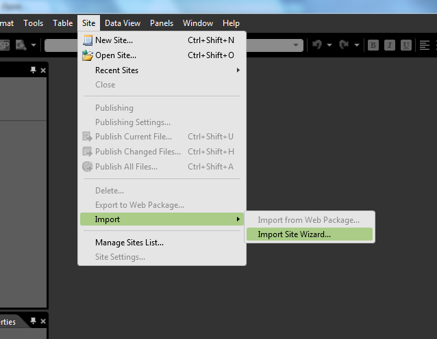The site import wizard
menu in Expression Web
4