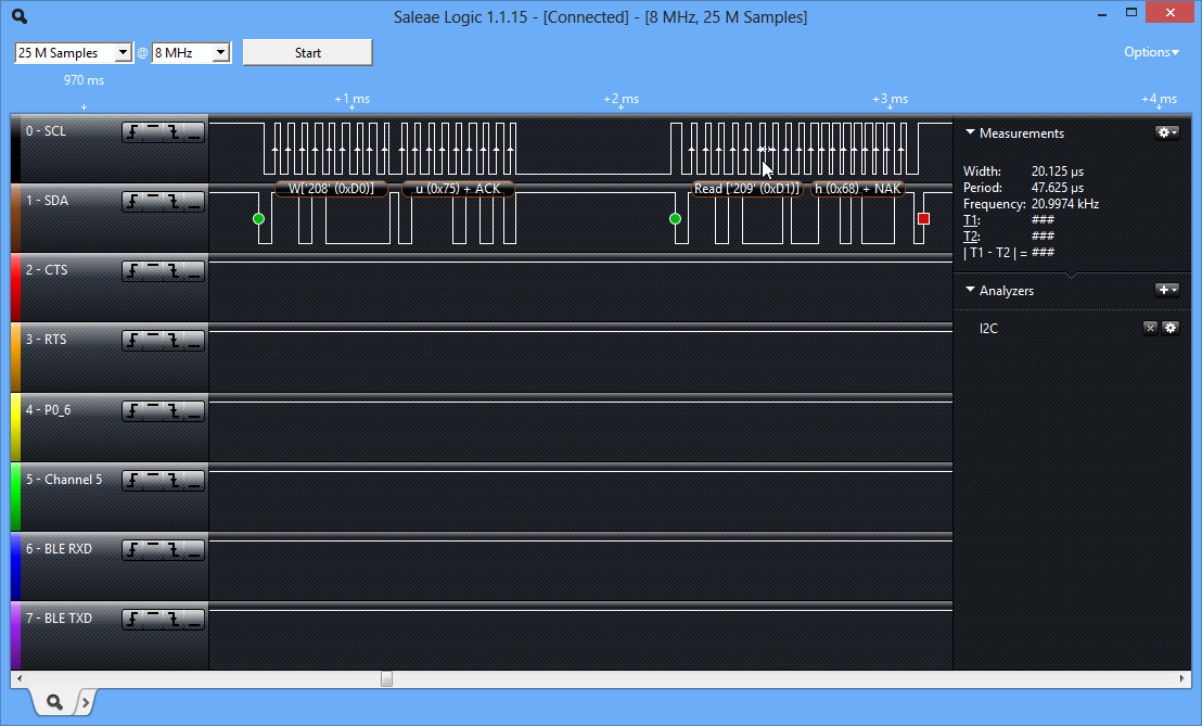 Logic analyzer results of the BLE112's I2C timing