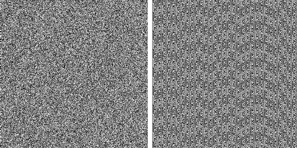 Visual comparison of random data and a broken random number generator