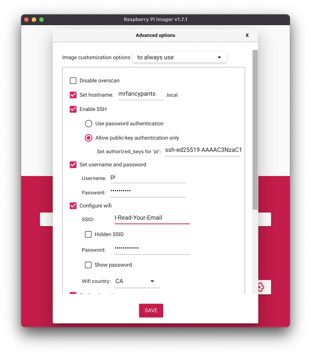 Raspberry Pi Imager settings page