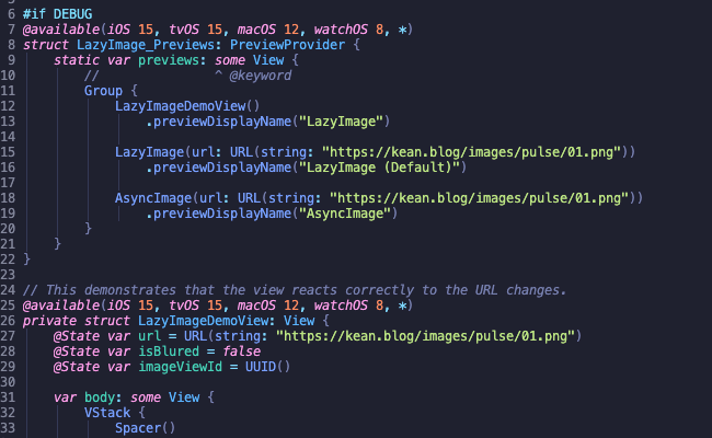 Neovim rendering Swift with Tokyo Night syntax highlighting