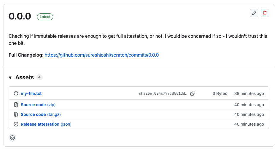 A GitHub release showing release attestations