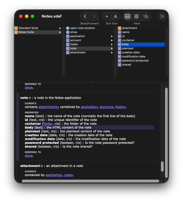 AppleScript dictionary for Apple Notes